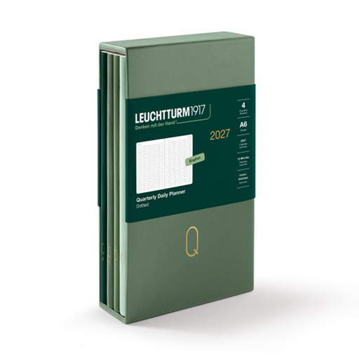 Leuchtturm1917 2027 Quarterly Daily Planner in sage green, shown in a 4-pack set with a dark green paper band around the center.
