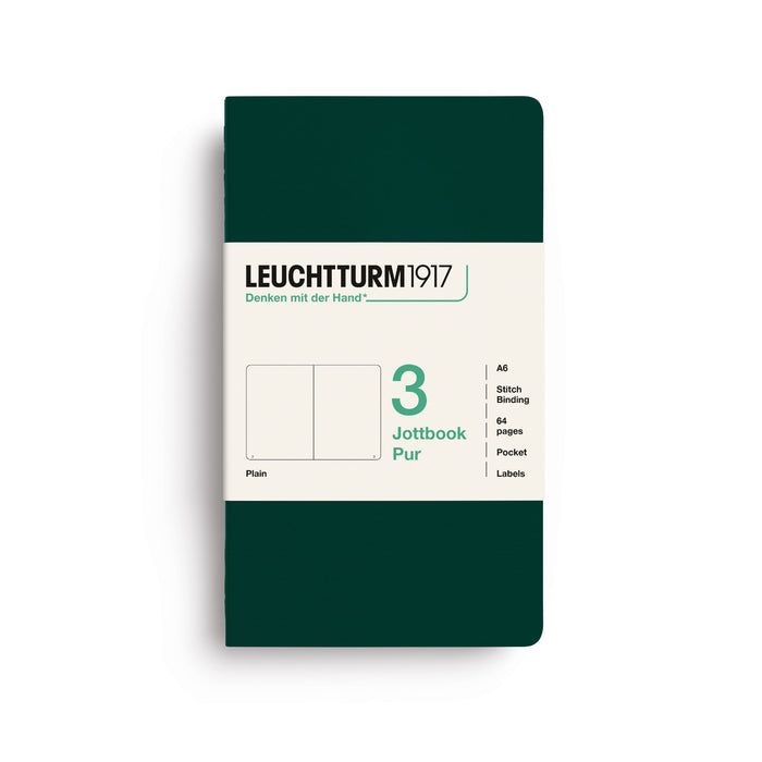 A Leuchtturm1917 pocket featuring a dark green cover with a cream-colored paper label on the front, displayed on a clean white background.