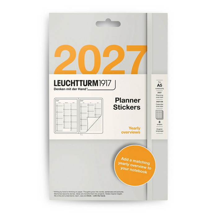 Leuchtturm1917 2027 Planner Stickers in a grey and white hanging card pack with orange accents, featuring a circular orange sticker included in the package.