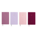 Four hardcover notebooks in dusty pink, lavender, light pink, and deep burgundy, arranged in a row on a plain white background.