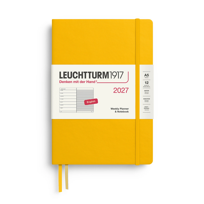 A Leuchtturm1917 2027 weekly planner notebook in a bright yellow cover, shown closed with a white paper band around the middle and a yellow ribbon bookmark hanging from the bottom, on a white background.