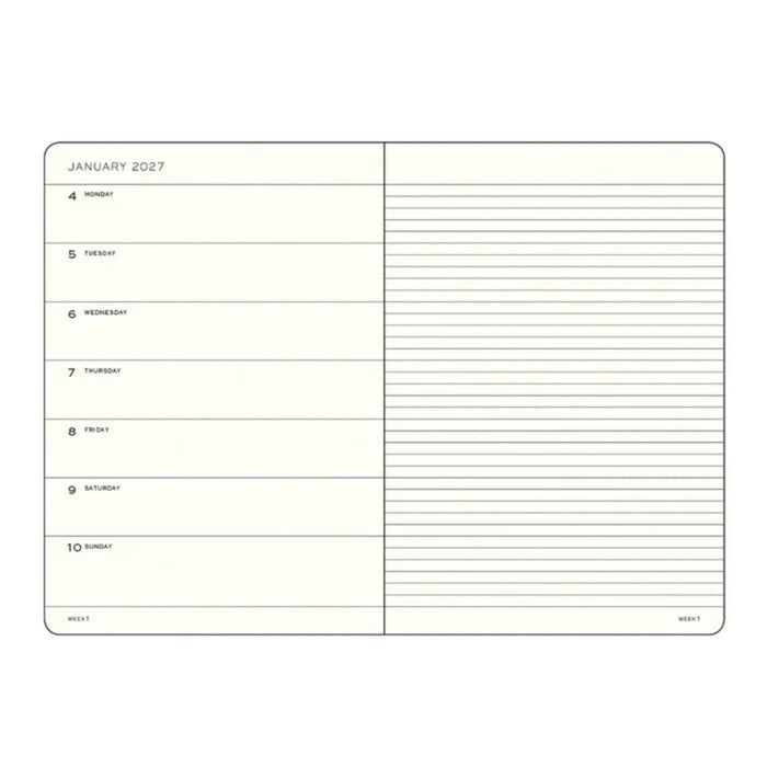 A weekly planner page from January 2027 with a cream-colored background and black printed text and lines, shown on a plain white background.