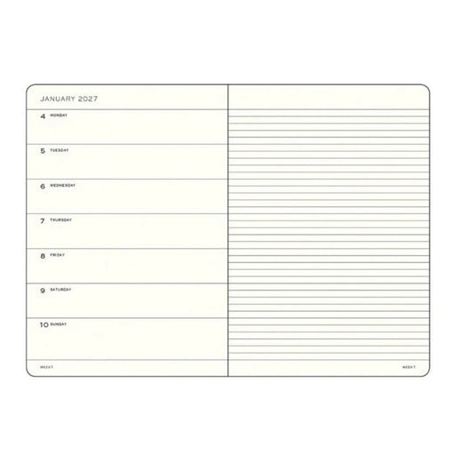 A weekly planner page from January 2027 with a cream-colored background and black printed text and lines, shown on a plain white background.