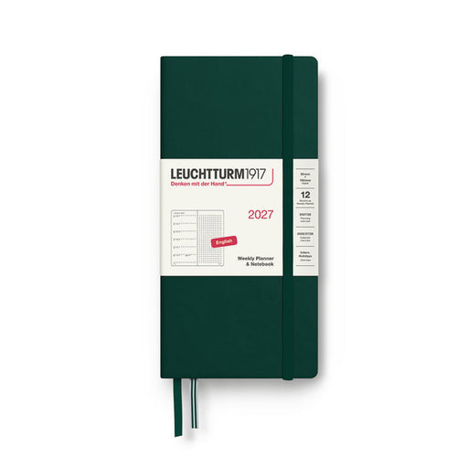Slim green notebook with Leuchtturm1917 branding on a white background