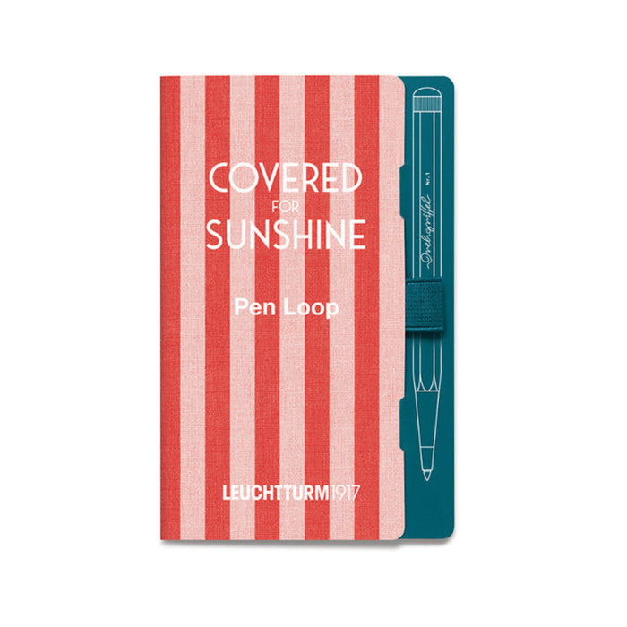 Red and white striped pen loop with a blue pen on a white background