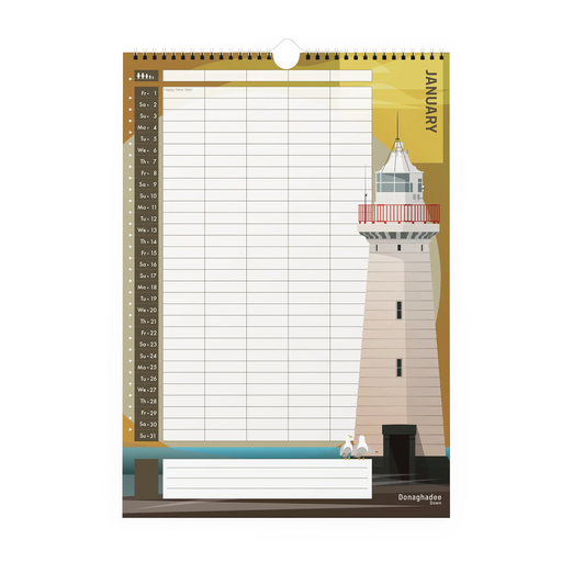 A spiral-bound January wall calendar page with a lighthouse illustration, shown on a plain white background. The page includes columns for days of the week, a date index, a large blank writing area, and the Denaghase brand name at the bottom right.