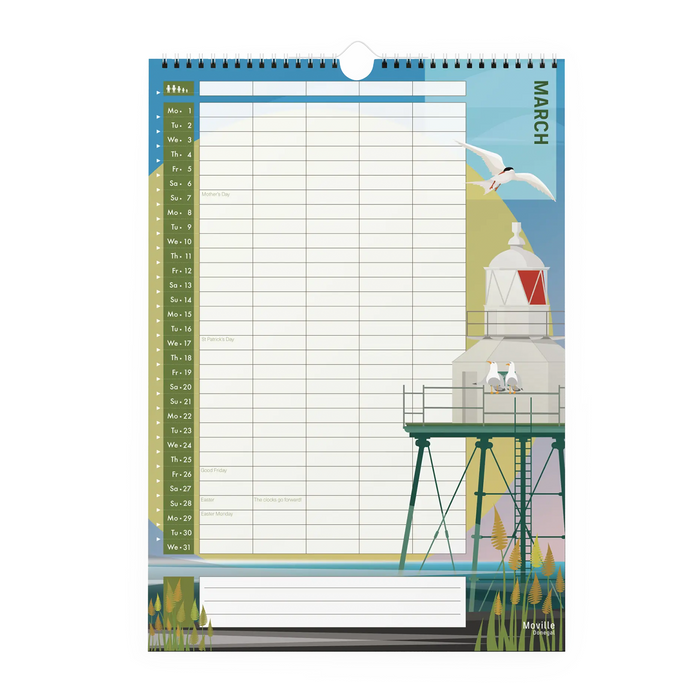 A spiral-bound March calendar page or planner insert with a lighthouse illustration on the right side, a seagull flying at the top, and a grid layout for daily and weekly planning. The brand name 'Marine Corps' appears in the bottom right corner.