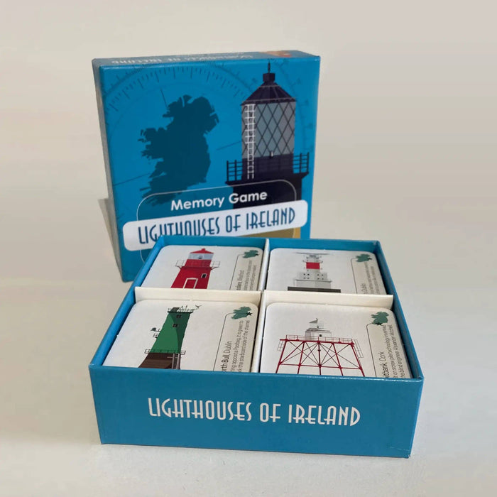 Memory game set with lighthouse-themed cards and packaging on a white background