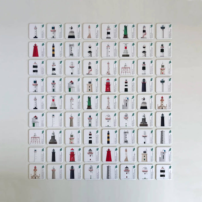 Collection of cards with lighthouse illustrations arranged in a grid on a white background