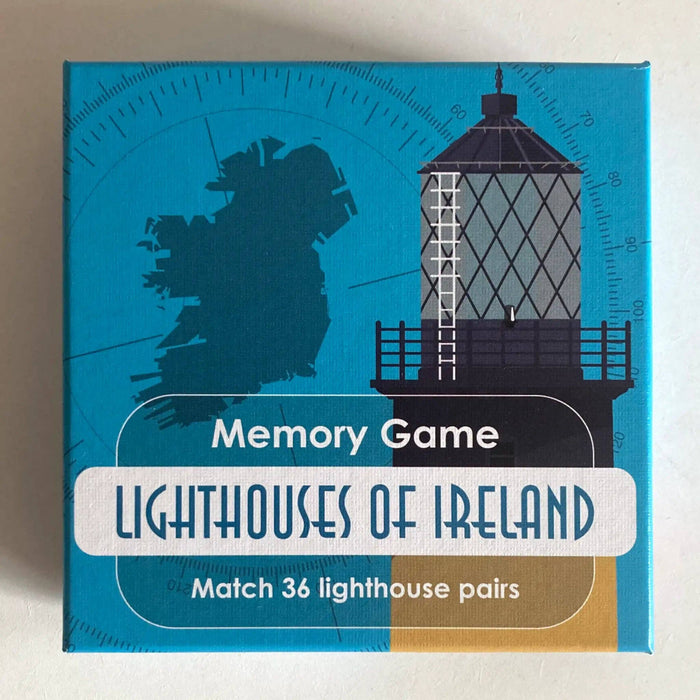 Memory game box titled 'Lighthouses of Ireland' with a lighthouse illustration on a light background.