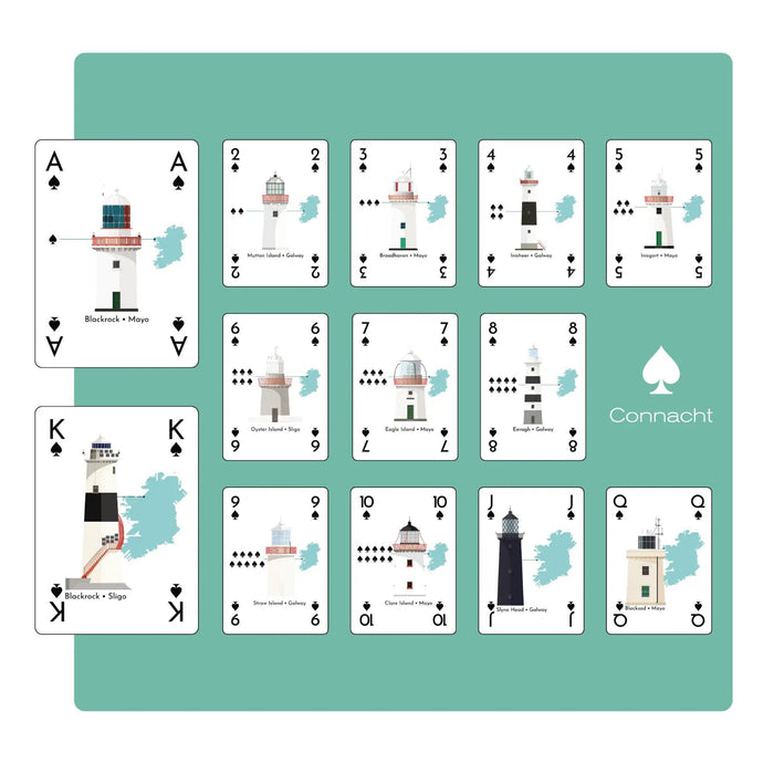 Set of playing cards with lighthouse designs on a teal background