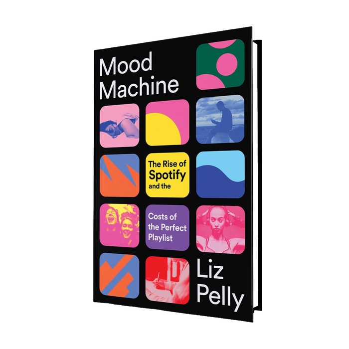 Book cover of 'Mood Machine' by Liz Pelly with colorful square graphics on a white background.