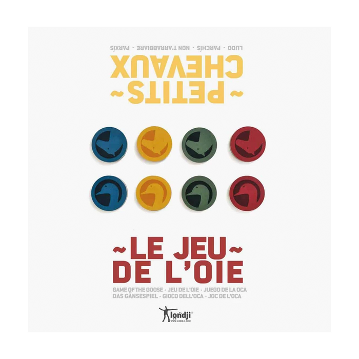 French board game cover for 'Petits Chevaux - Le Jeu de l'Oie' by Londji Games, featuring a clean white background with yellow and red typography and eight colorful circular game pieces arranged in two rows.