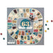 The board game '63: Midnight Special' shown on a clean white background. The circular game board features a gray outer ring with various illustrated segments, a central teal circle with the number 63 and white silhouettes of people, and a gray playmat with white goose silhouettes.