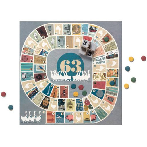 The board game '63: Midnight Special' shown on a clean white background. The circular game board features a gray outer ring with various illustrated segments, a central teal circle with the number 63 and white silhouettes of people, and a gray playmat with white goose silhouettes.