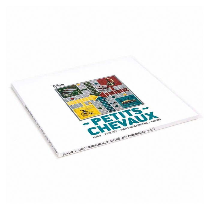 A square white book or booklet titled "Petits Chevaux" with a colorful chessboard-style graphic and French text, photographed on a clean white background.