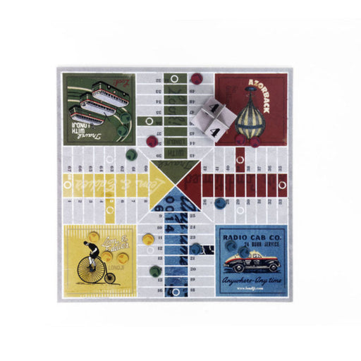 A vintage-style board game with a white grid board and colorful illustrated sections, including train, hot air balloon, bicycle, and radio car graphics. The board is photographed from above on a plain white background.