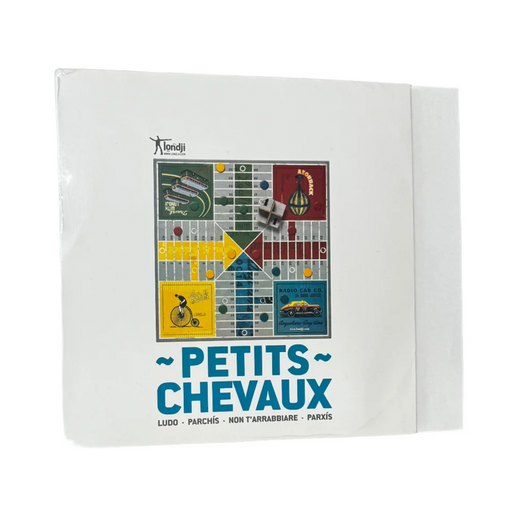 A boxed board game package titled "~PETITS CHEVAUX" on a plain white background. The front shows a colorful game board illustration with horses and game pieces, plus the brand name "Tondji" near the top.