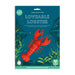 Packaging for 'Make Your Own Loveable Lobster' craft kit with a red lobster illustration on a blue underwater-themed background.