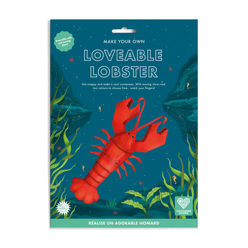 Packaging for 'Make Your Own Loveable Lobster' craft kit with a red lobster illustration on a blue underwater-themed background.