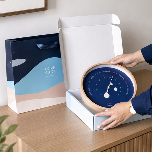 Person interacting with a decorative clock labeled 'Ocean Clock' on a wooden surface.