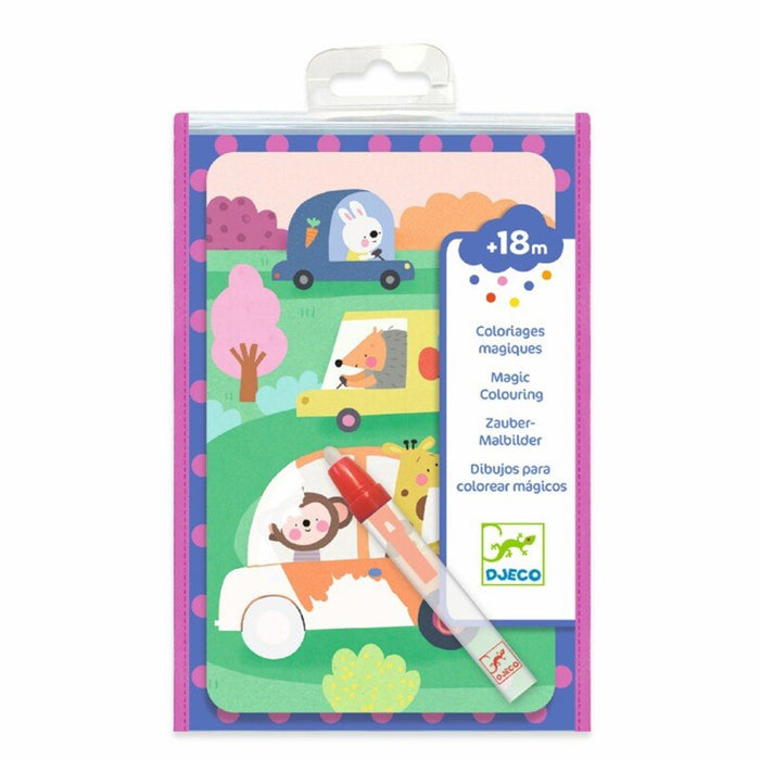 mini magic colouring set product package containing a clear colouring marker in front of a cartoon of two cars one with a monkey and one with a rabbit
