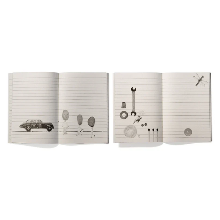 Four pages from two ruled notebooks with various pencil drawings on a white background.