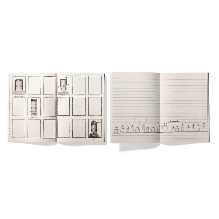 Four pages from two ruled notebooks with various pencil drawings on a white background.