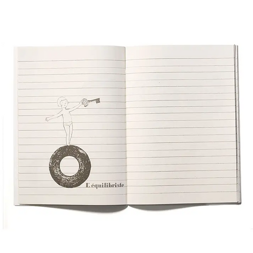 Two pages from aruled notebooks with a pencil drawing of a boy balanced on a tire on a white background.