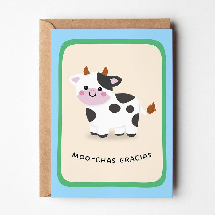 Card with a cow illustration and 'Moo-chas Gracias' text on a light beige background