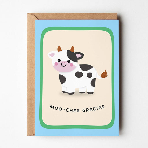 Card with a cow illustration and 'Moo-chas Gracias' text on a light beige background
