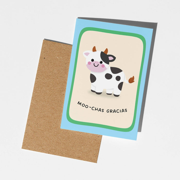 Card with a cow illustration and text on a white background