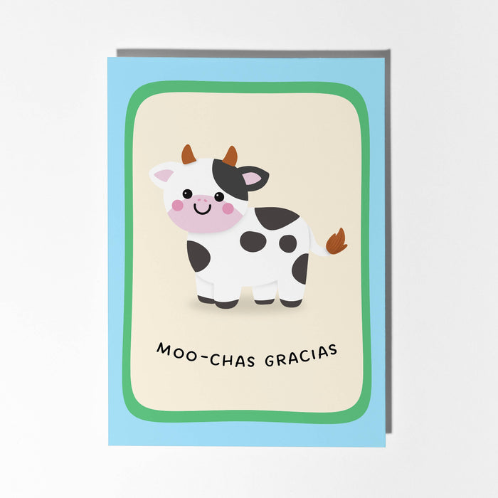 Card with a cow illustration and 'Moo-chas Gracias' text on a light blue border.