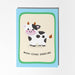 Card with a cow illustration and 'Moo-chas Gracias' text on a light blue border.