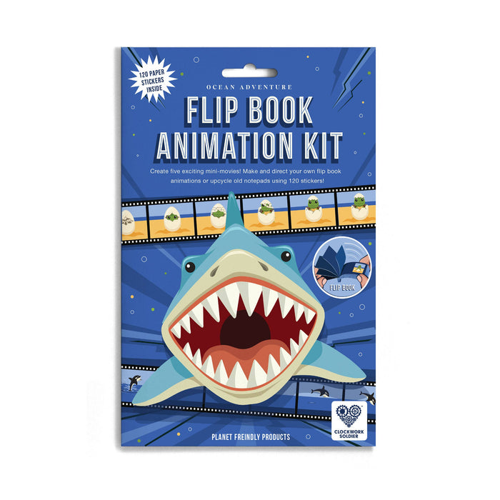 Ocean Adventure Flip Book Animation Kit featuring a cartoon shark on the cover, photographed against a plain white background.