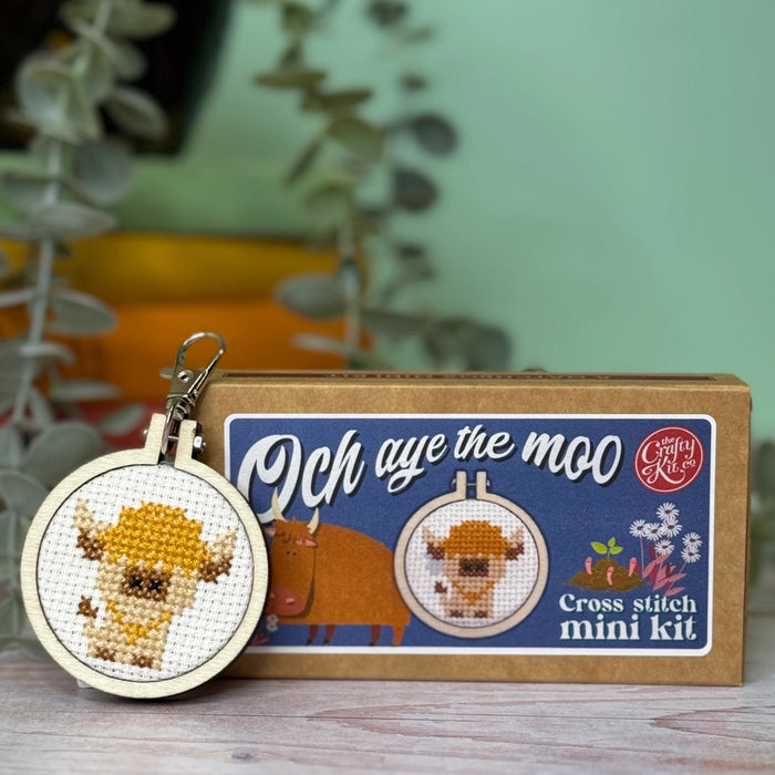 cross stitch kit and packaging against a blue background