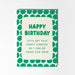 A birthday card with a green and white polka dot border and a cream center panel that reads 'HAPPY BIRTHDAY' and 'LET'S GET THIS PARTY STARTED SO I CAN BE HOME FOR 10PM'.