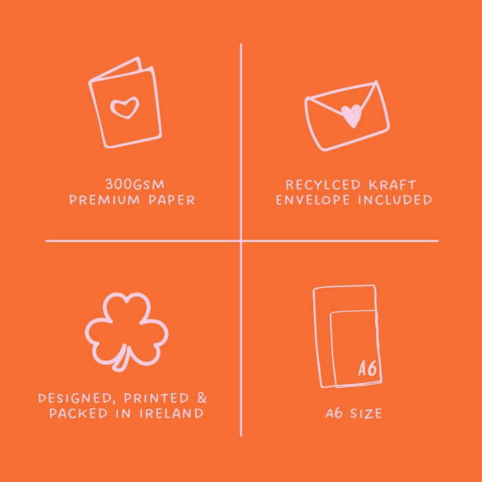 Orange background with white icons and text detailing product features on a card.