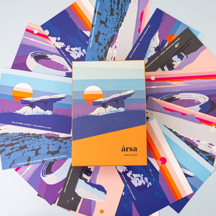 Colorful cards and box with 'arsa' branding on a light gray background