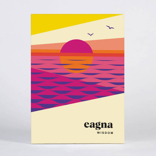 Colorful abstract design with a sunset and geometric patterns, featuring the brand 'eagna'.