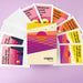 Colorful cards with geometric designs and text on a purple background