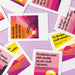 Colorful cards with text and abstract designs on a purple background