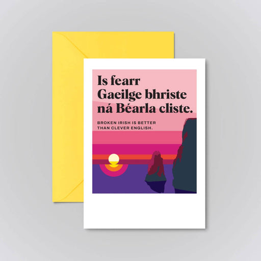 Greeting card with Irish text and colorful design on a gray background