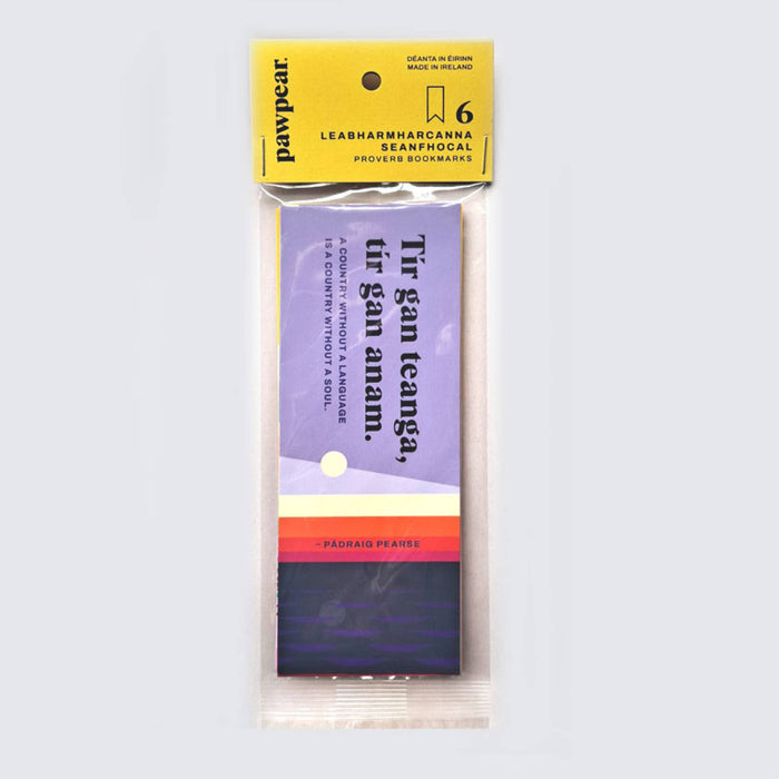 Packaged bookmarks with a purple bookmark and yellow packaging on a white background