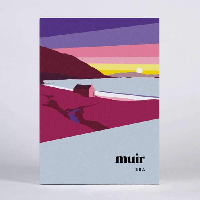 Box with a stylized landscape design featuring geometric shapes and the word 'muir' on a white background.