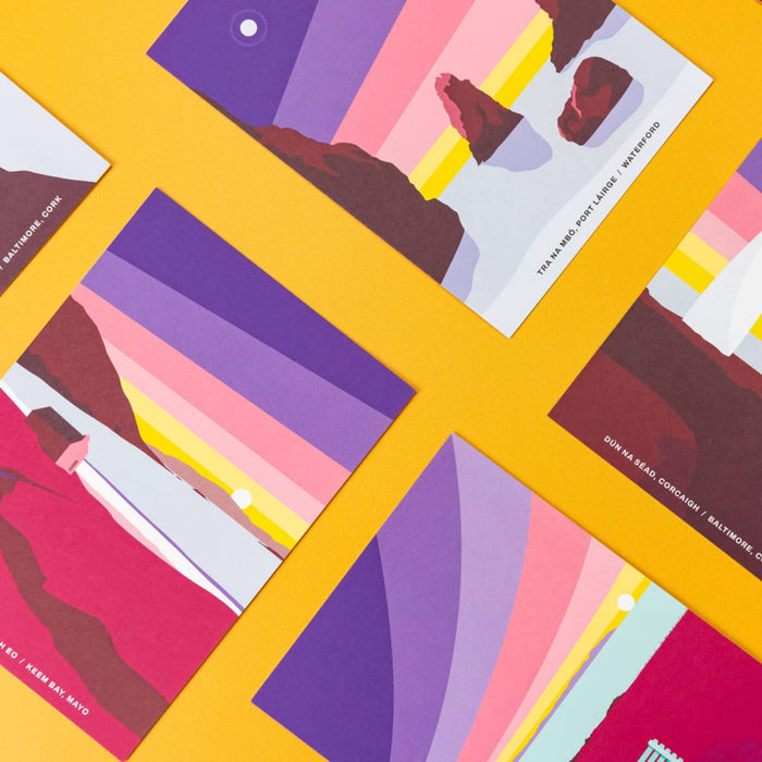 Colorful cards arranged in a pattern on a yellow background