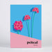 Card box with pink floral design and 'peiteal' branding on a blue and pink background