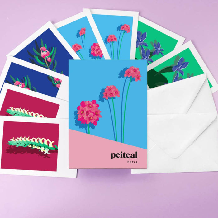 Set of colorful greeting cards with floral designs and box with 'peiteal' branding on a purple background.