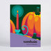 A square art print or book cover titled 'samhain WINTER BEGINS' featuring a stylized autumn scene with orange pumpkins, a teal candle, and a purple foreground band on a light gray background.
