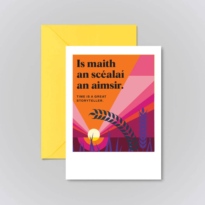 Greeting card with colorful design and text on a gray background